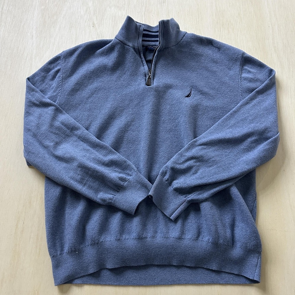 Nautica Sweater Mens 2XL Blue 1/4 Zip Mock Neck Navtech Knit Pullover Logo